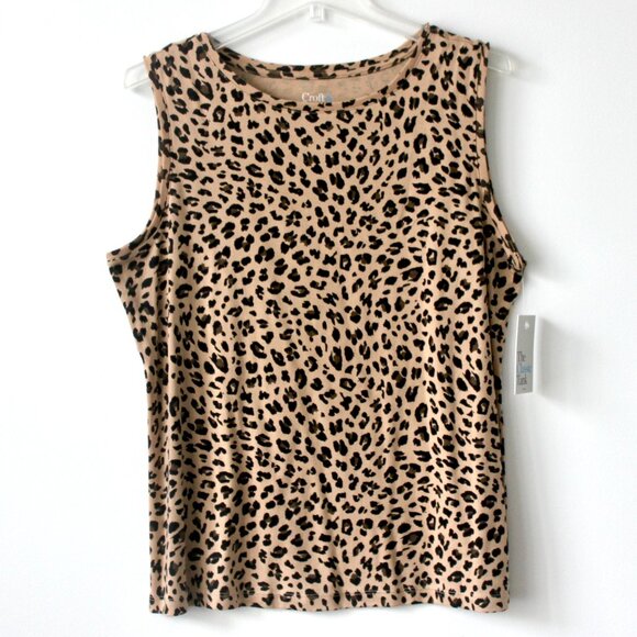 NWT Croft & Barrow 100% Cotton Tan Cheetah Print Classic Tank Shirt Large Petite - Picture 1 of 4